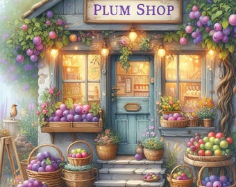 Plum Shop: 10 High Res Watercolor JPGs, Junk Journaling, Scrapbooking, Card Making, Digital Art, Fantasy, Whimsical