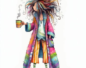 Quirky Morning Coffee: 10 High Res Watercolor JPGs, Junk Journaling, Scrapbooking, Card Making, Digital Art, Fantasy, Whimsical