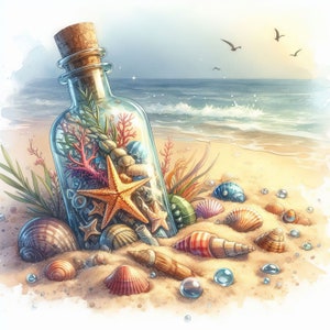 Botella en el paquete de imágenes prediseñadas de arena 10 JPG de acuarela de alta resolución para diario basura, scrapbooking, fabricación de tarjetas, kit de descarga digital