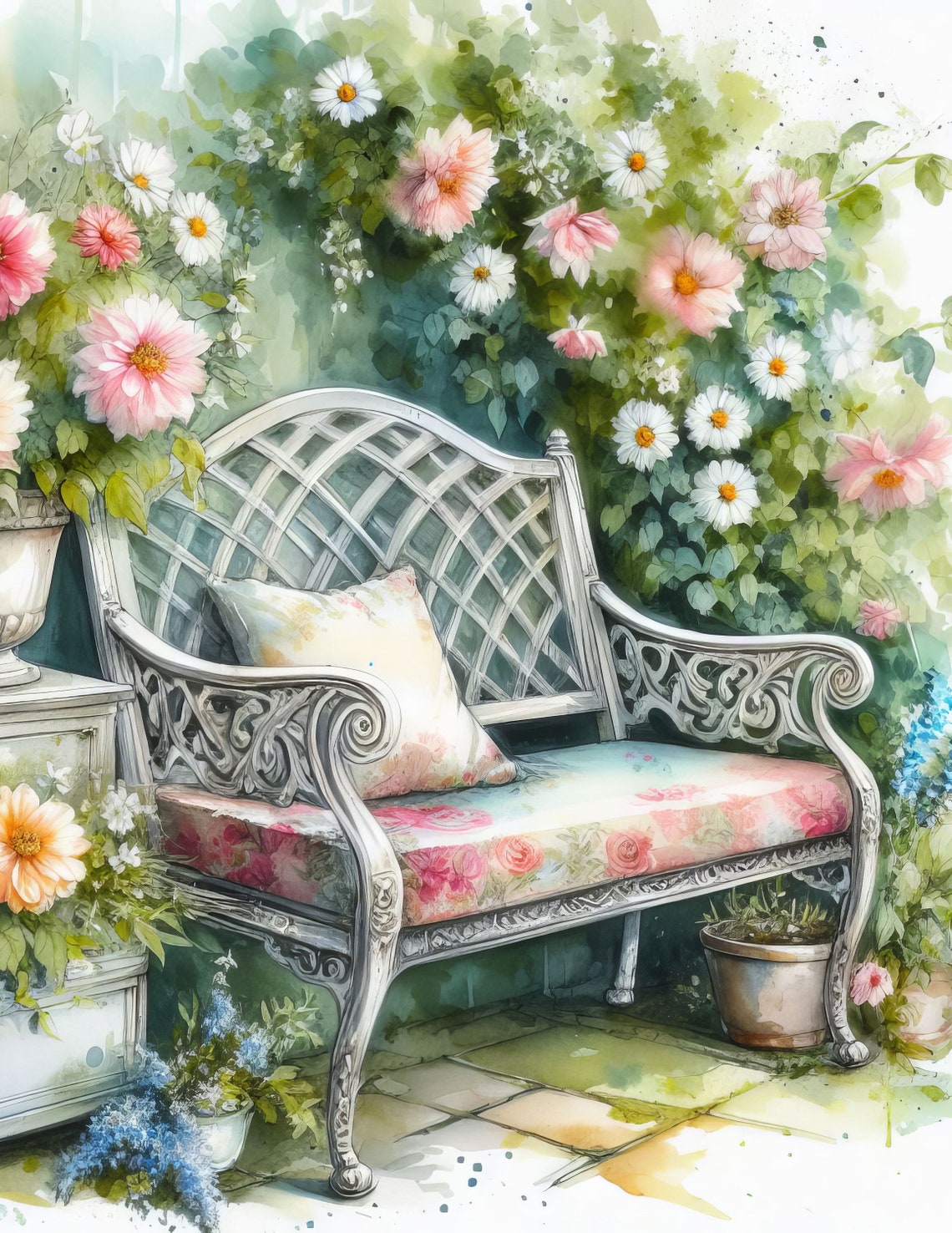 Garden Bench: 10 High Res Watercolor Jpgs, Junk Journaling, Scrapbook ...