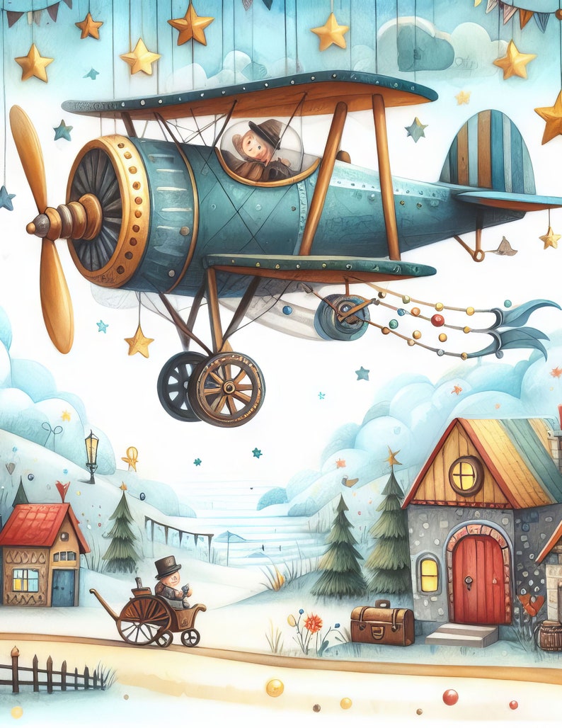 May include: A blue and gold airplane flies over a whimsical village with a red-roofed house, a stone house with a red door, and a small figure in a top hat riding a cart. The sky is filled with white clouds and stars.
