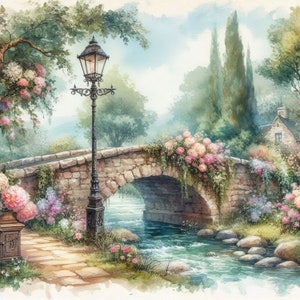 Old Stone Bridge Clip Art 10 JPG de acuarela de alta resolución para diario basura, scrapbooking, fabricación de tarjetas, kit de descarga digital
