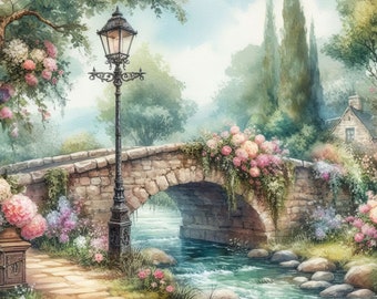 Puede incluir: Una pintura de acuarela de un puente de piedra sobre un arroyo con una farola negra en el lado izquierdo del puente. El puente está cubierto de flores rosas y follaje verde. El arroyo fluye a través de un exuberante paisaje verde con una pequeña cabaña en el fondo.