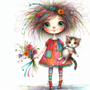 Quirky Kitty Clip Art 10 JPG ad alta risoluzione ad acquerello per Junk Journaling, Scrapbooking, Card Making, Kit di download digitale, Fantasy, Stravagante
