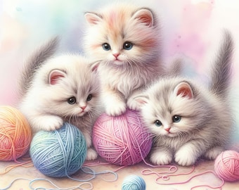 Kittens with Yarn Clip Art 10 High Res Watercolor JPGs for Junk Journaling, Scrapbooking, Card Making, Digital Art
