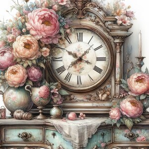 May include: An antique clock with Roman numerals and ornate carvings, surrounded by pink and peach peonies, sits on a vintage dresser with a lace tablecloth. The clock face is white with black Roman numerals and black hands. The dresser is painted in a light blue and green color with gold accents.
