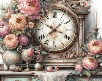 Vintage Clock: 10 High Res Watercolor JPGs for Junk Journaling, Scrapbook, Crafts, Digital Art