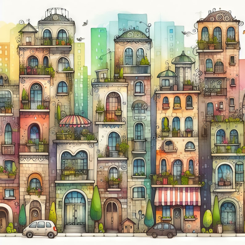 Whimsical Apartments Clip Art Bundle 10 High Res Watercolor Jpgs Junk ...