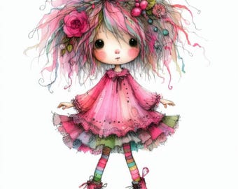 Quirky Pink Girl: Clip Art, 10 High Res Watercolor JPGs, Junk Journaling, Scrapbooking, Card Making, Digital Art, Fantasy, Whimsical