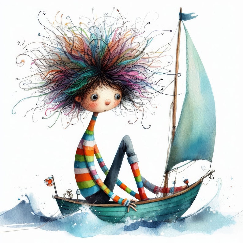 Op de afbeelding: Een aquarel-illustratie van een meisje met kleurrijk haar dat in een kleine zeilboot op een blauwe zee zit. Het meisje draagt een gestreept shirt en heeft een bezorgde uitdrukking op haar gezicht.