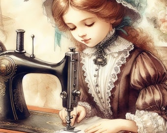 Victorian Girl Sewing Clipart Bundle 10 High Res Watercolor JPGs for Junk Journaling, Scrapbook, Crafts, Digital Download