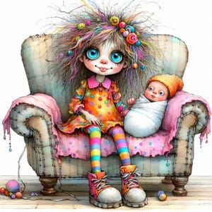 Quirky Big Sister Clip Art 10 JPGs aquarela de alta resolução Junk Journaling, Scrapbooking, Criação de cartões, Kit de download digital, Fantasia, Caprichoso