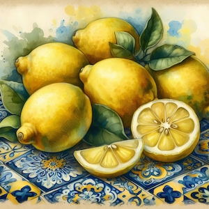 Puede incluir: Una pintura de bodegón de limones sobre una superficie de azulejos. Los limones son amarillos y tienen hojas verdes. Los azulejos son azules y blancos con un patrón floral.