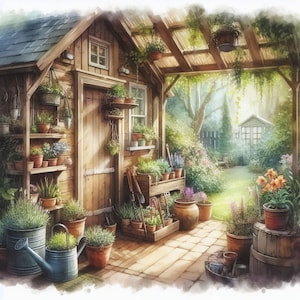 Rustic Garden Shed Clip Art 10 High Res Watercolor Jpgs for Junk
