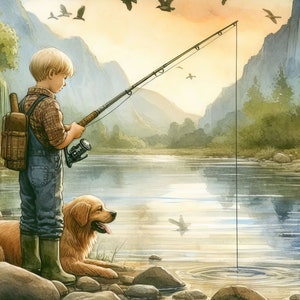 Puede incluir: Un ni&ntilde;o peque&ntilde;o con una camisa a cuadros y pantalones vaqueros azules se encuentra de pie en una orilla rocosa de un r&iacute;o con una ca&ntilde;a de pescar. Le acompa&ntilde;a un perro golden retriever. La escena se desarrolla con un fondo de monta&ntilde;as y un cielo de puesta de sol con p&aacute;jaros volando por encima.