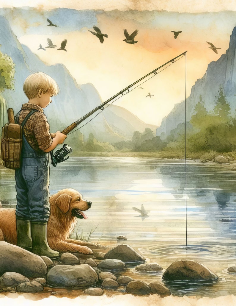 Puede incluir: Un ni&ntilde;o peque&ntilde;o con una camisa a cuadros y pantalones vaqueros azules se encuentra de pie en una orilla rocosa de un r&iacute;o con una ca&ntilde;a de pescar. Le acompa&ntilde;a un perro golden retriever. La escena se desarrolla con un fondo de monta&ntilde;as y un cielo de puesta de sol con p&aacute;jaros volando por encima.