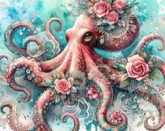 Octopus Clip Art 10 High Res Watercolor JPGs for Junk Journaling, Scrapbooking, Card Making, Digital Art, Fantasy, Whimsical