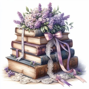 Libri e fiori viola Clip Art 10 JPG ad alta risoluzione acquerello per Junk Journaling, Scrapbooking, creazione di carte, kit di download digitale