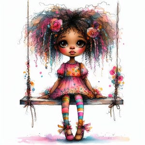 Può includere: Un'illustrazione ad acquerello di una bambina con capelli ricci castano scuro, che indossa un vestito rosa con fiori colorati e calze a righe, seduta su un'altalena.