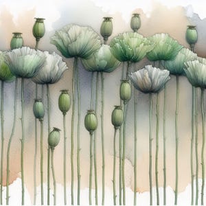 Flower Stems Green 10 High Res Watercolor JPGs for Junk Journaling, Scrapbook, Crafts, Digital Download, Fantasy, Whimsical