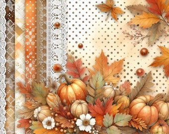 Autumn Calico Paper: Clip Art, 10 High Res Watercolor JPGs, Junk Journaling, Scrapbook, Crafts, Digital Art, Card Making