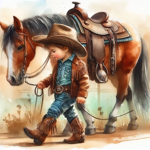Lot de 10 cliparts petit garçon avec cheval JPG aquarelle haute résolution, journalisation indésirable, albums créatifs, fabrication de cartes, téléchargement numérique, fantaisiste