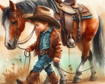 Little Boy with Horse Clip Art Bundle 10 High Res Watercolor JPGs Junk Journaling Scrapbook Crafts, Card Making Digital Download Whimsical