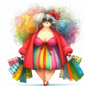 Quirky Curvy Lady Shopping 10 High Res Watercolor JPGs Junk Journaling, Card Making, Digital Download Kit, Fantasy, Whimsical