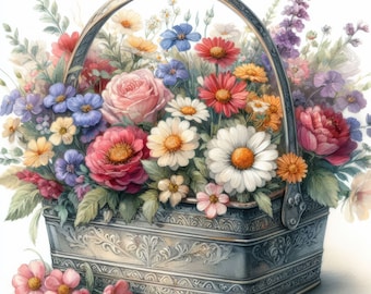 Puede incluir: Una cesta de metal plateada llena de una variedad de flores coloridas, incluyendo rosas rosadas, margaritas blancas, flores silvestres moradas y flores rojas y naranjas.