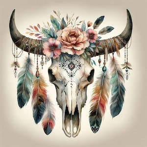 Boho Skull Clip Art Bundle 10 JPGs em aquarela de alta resolução para registro de lixo eletrônico, scrapbooking, criação de cartões, kit de download digital, Steer Skull
