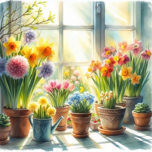 Spring Flowers on Windowsill Clip Art Kit 10 High Res Watercolor JPGs for Junk Journaling, Scrapbooking, Paper Crafts, Digital Art
