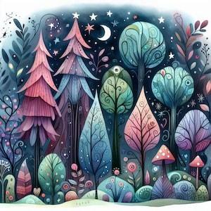 Bosque Mágico Nocturno, 10 archivos JPG de acuarela de alta resolución para scrapbooking, tarjetas y diarios basura, kit de descarga digital, fantasía caprichosa