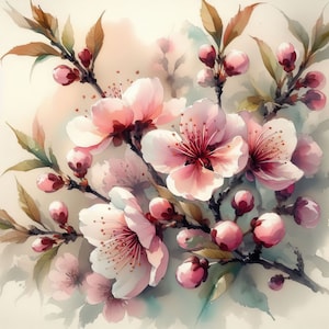 Kit de clip art branches de fleurs de cerisier 10 fichiers JPG aquarelles haute résolution pour journal indésirable, scrapbooking, créations en papier, téléchargement numérique