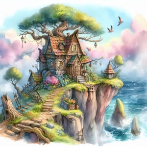 Whimsical House on Cliff Clip Art 10 High Res Watercolor JPGs for Junk Journaling, Scrapbooking, Card Making, Digital Download Kit, Fantasy