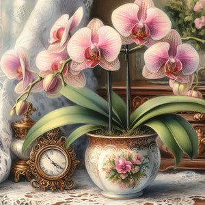 Orchidea in un vaso vittoriano 10 JPG ad alta risoluzione ad acquerello per diario spazzatura, album, artigianato, download digitale, vintage