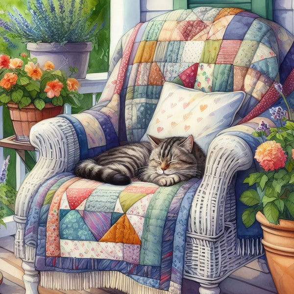 Porch Chair with Sleeping Cat Clip Art Bundle 10 High Res Watercolor JPGs for Junk Journaling, Scrapbook, Crafts, Digital Download