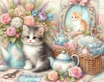 Shabby Chic Kitten Clip Art 10 High Res Watercolor JPGs for Junk Journaling, Scrapbooking, Card Making, Digital Download Kit