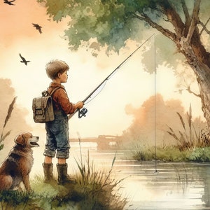 Puede incluir: Un ni&ntilde;o peque&ntilde;o con una camisa marr&oacute;n y pantalones vaqueros azules est&aacute; pescando con una ca&ntilde;a y un carrete. Lleva una mochila marr&oacute;n y un perro est&aacute; sentado a su lado. La escena est&aacute; ambientada en un r&iacute;o con un puente en el fondo.