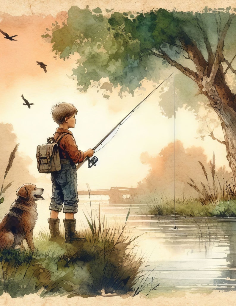 Puede incluir: Un ni&ntilde;o peque&ntilde;o con una camisa marr&oacute;n y pantalones vaqueros azules est&aacute; pescando con una ca&ntilde;a y un carrete. Lleva una mochila marr&oacute;n y un perro est&aacute; sentado a su lado. La escena est&aacute; ambientada en un r&iacute;o con un puente en el fondo.