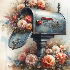 May include: A vintage blue mailbox with ornate details is overflowing with a bouquet of pink, white, and peach flowers. The mailbox is on a post with a decorative base and is surrounded by greenery.