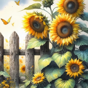 Tournesols sur une clôture Clip Art 10 fichiers JPG aquarelle haute résolution pour la journalisation indésirable, scrapbooking, travaux manuels, téléchargement numérique