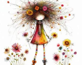 Quirky Flower Picking: Clip Art, 10 högupplösta akvarell-JPG-bilder, skräpjournaling, scrapbooking, korttillverkning, digital konst, fantasi, nyckfullt