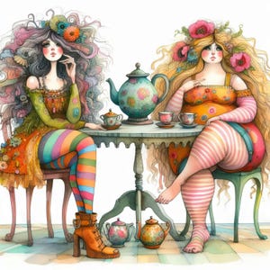 Quirky Curvy Ladies at Tea 10 JPG ad alta risoluzione in acquerello, kit per il diario spazzatura, creazione di biglietti, download digitale, fantasy, stravagante