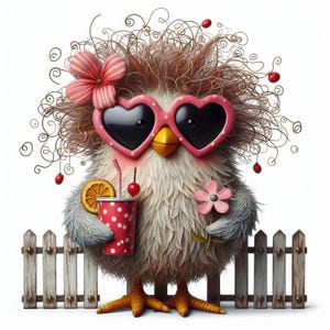 May include: A cartoon bird with pink heart-shaped sunglasses, a pink flower, and a pink and white polka dot cup with a straw and a slice of orange. The bird has a fluffy white body and brown curly hair. The bird is standing in front of a white picket fence.