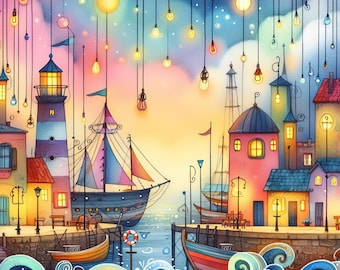 Harbor Town: 10 High Res Watercolor JPGs, Junk Journaling, Scrapbooking, Card Making, Digital Art, Kit, Fantasy, Whimsical