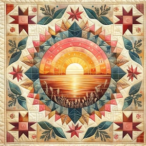 May include: A quilt block with a colorful sunset design in the center. The block is surrounded by a border of stars and leaves. The colors are red, orange, yellow, green, blue, and white.