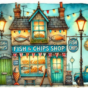 Fish and Chips Shop 10 JPGs de aquarela de alta resolução Junk Journaling, Scrapbooking, Criação de cartões, Download digital, Fantasia, Caprichoso