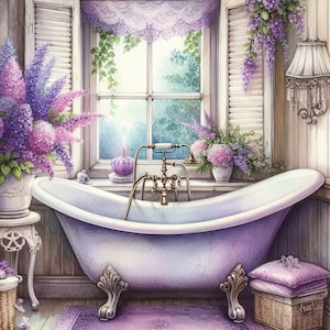 Clawfoot Tub with Purple Flowers: Clip Art, 10 High Res Watercolor JPGs, Junk Journaling, Scrapbook, Crafts, Digital Download