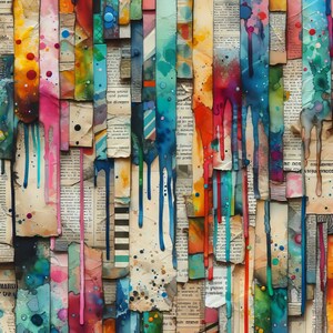 May include: Abstract artwork featuring vertical strips of paper with watercolor paint drips. The strips are layered with newspaper text and decorated with vibrant colors like red, blue, yellow, and pink. The artwork has a textured, mixed-media appearance.