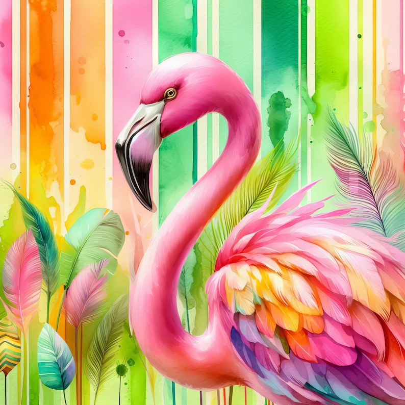 Miami Flamingo: Clip Art 10 High Res Watercolor JPGs for Junk Journaling, Scrapbooking, Card Making, Digital Art image 1